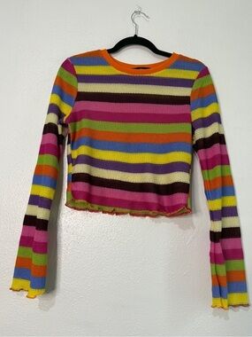 Almost Famous Striped Multicolor Long-Sleeve Crop Top. Sz L.